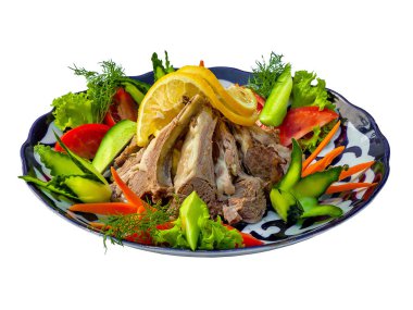 Kızarmış patates ile kuzu kaburga. Geleneksel Özbek mutfağı, Orta Doğu, Asya.