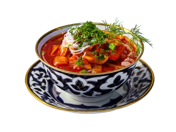 Koyun eti, erişte ve sebze çorbası. Geleneksel Özbek mutfağı, Orta Doğu, Asya.