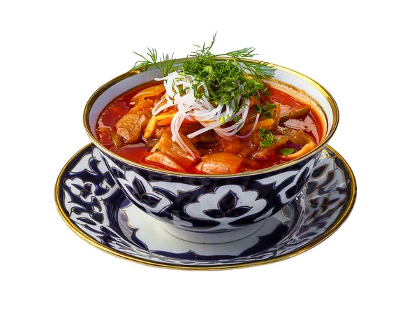 Koyun eti, erişte ve sebze çorbası. Geleneksel Özbek mutfağı, Orta Doğu, Asya.