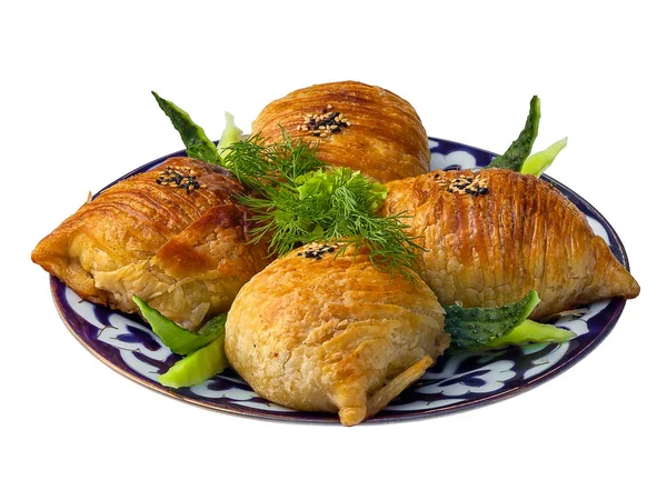 Samosa etli. Geleneksel Özbek mutfağı, Orta Doğu, Asya.