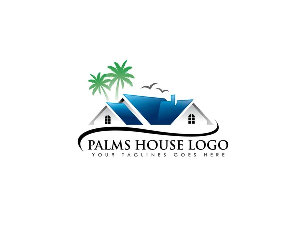Telhado Azul Casa Praia Pássaros Palma Logotipo Imobiliário —  Vetores de Stock