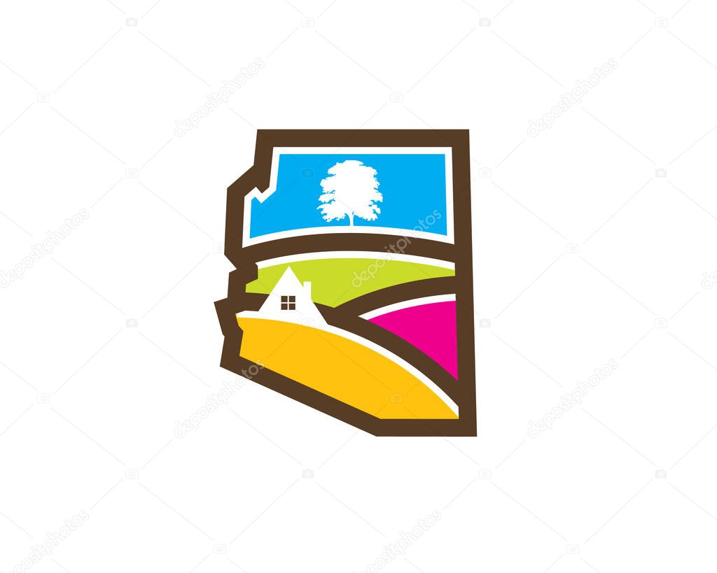 Arizona map with valley hill tree house landscape real estate logo