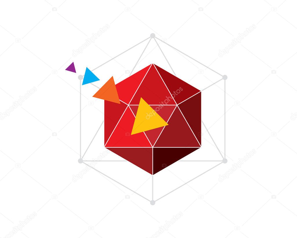 modern style triangular facet red hexagon with transforming colorful triangle flying to center