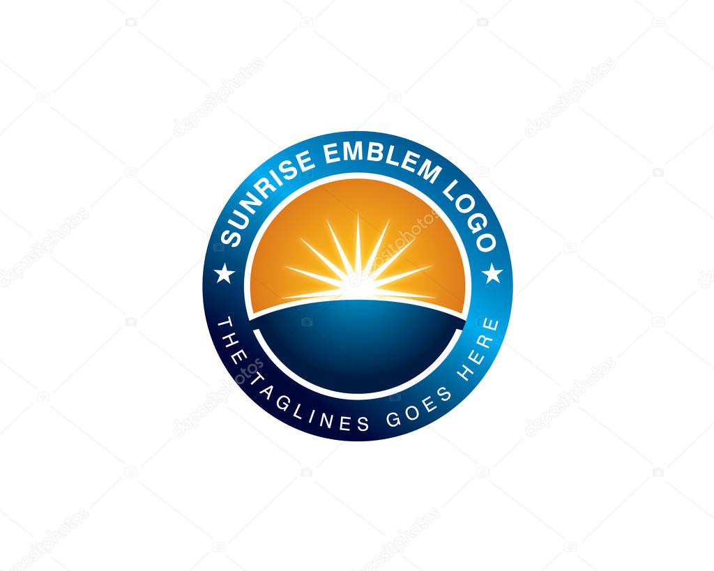 Sun rays rise on ground globe earth inside circular round emblem