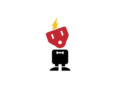 Priz soketi olan, smokin kravatı ve yıldırım saçı olan elektroçocuk logo karakteri.