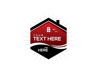kırmızı siyah altıgen deniz kenarı emlak amblemi çatısı, penceresi, su akıntısı ve kuşları olan amblem şablonu