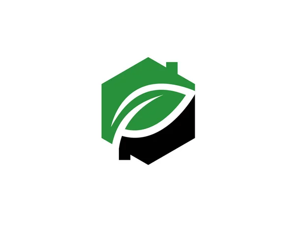 Hexágono Logotipo Casa Com Folhas Espaço Negativo Mostrando Uma Ecologia — Vetor de Stock