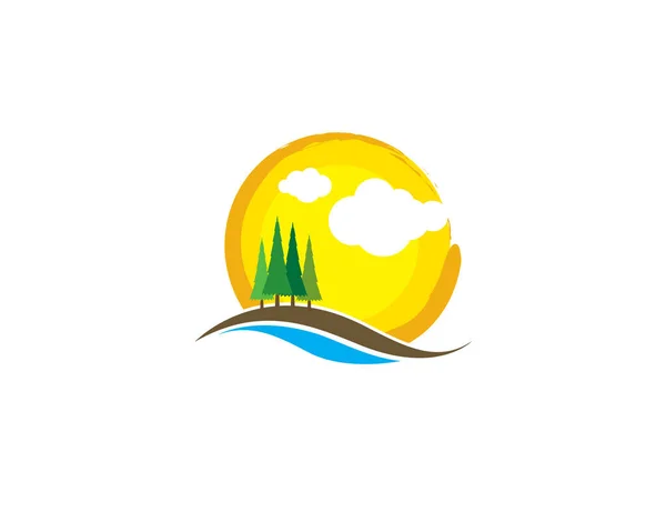 Campagne Montagne Landsacape Vue Avec Prairie Terre Ferme Pins Rivière — Image vectorielle