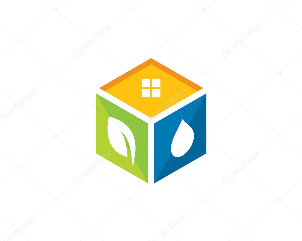 colorful 3d cube as composition of 3 parallelogram with different icon and meaning : window, leaf and water drop