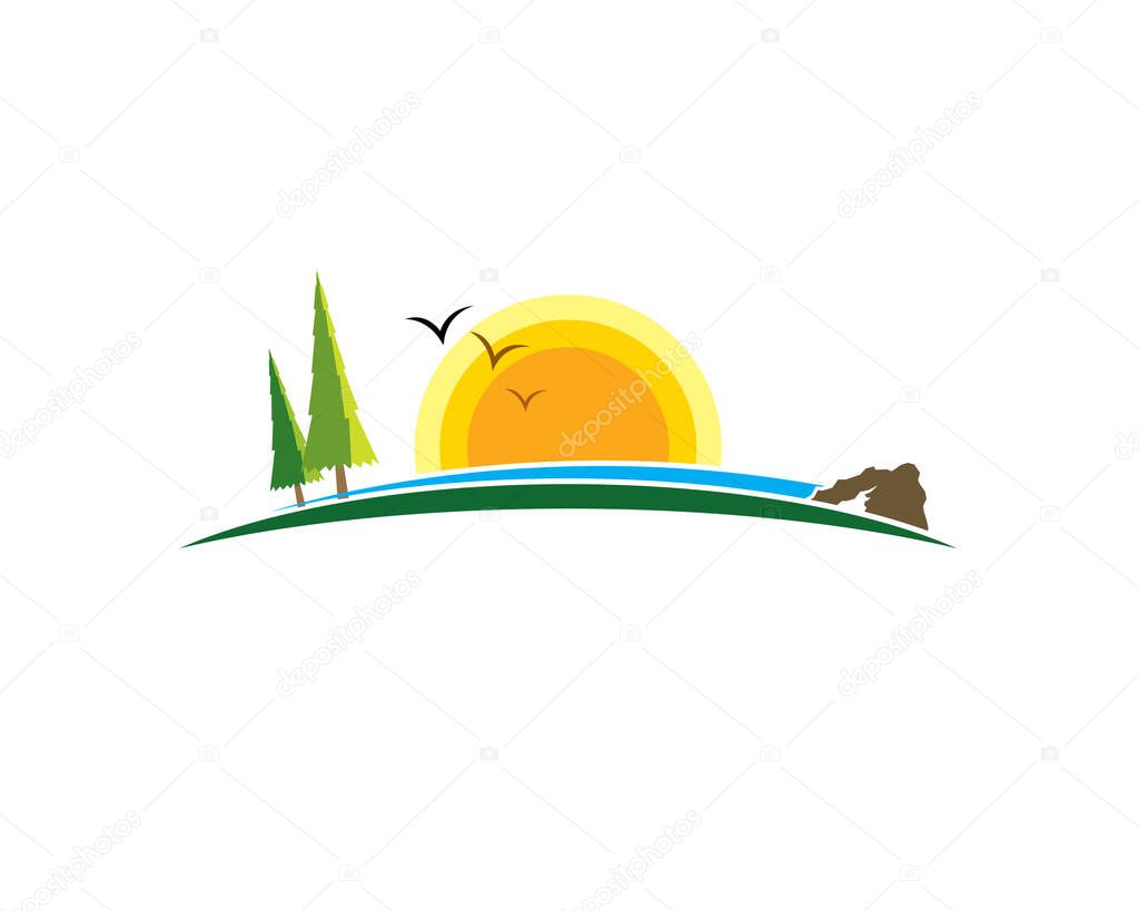 country side mountain landsacape view with meadow land ground pine trees birds flying around and yellow sun