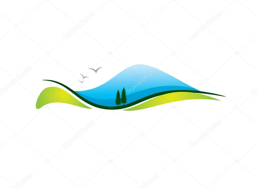 blue mountain hills meadow and river natural landscape scenery with birds 