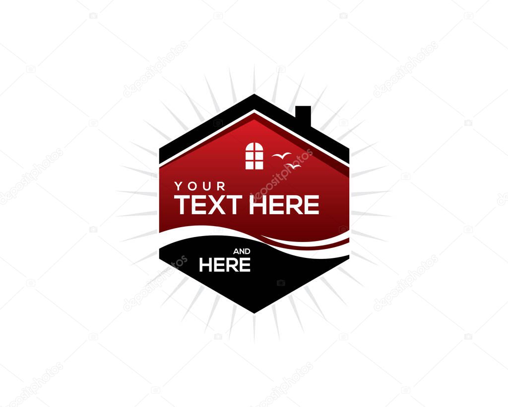 Red black hexagon seaside real estate emblem logo template with roof, window, water stream and birds