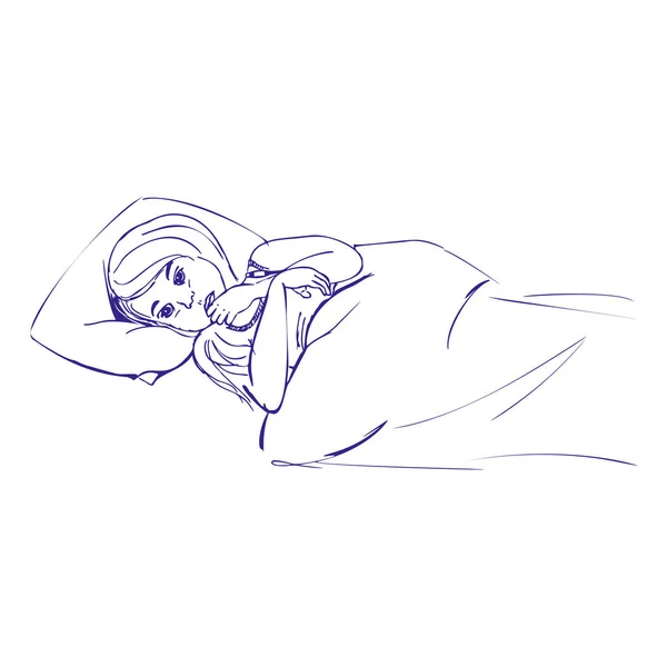Enfermo chica en cama dibujado a mano boceto — Vector de stock
