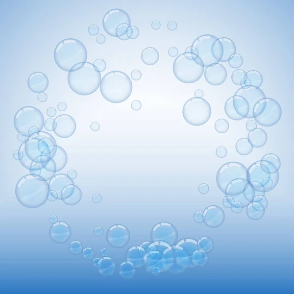Soap bubbles on blue background round frame — Stock Vector