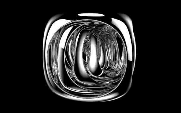 Cube abstrait en métal chromé avec pendule rotatif et éléments oscillants. Illustration de rendu 3D avec masque alpha ou luma 