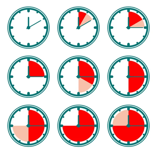 Grön klocka vektor ikoner med röda minuter diagram. — Stock vektor