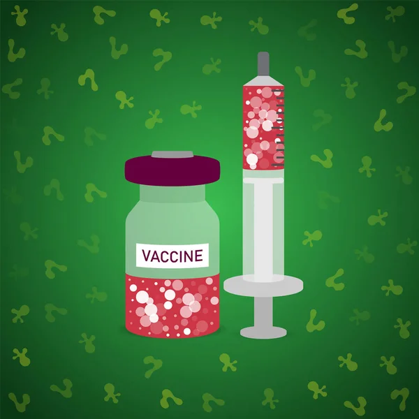 Flasche und Spritze mit Impfstoff auf grünem Hintergrund mit abstrakten Viren — Stockvektor