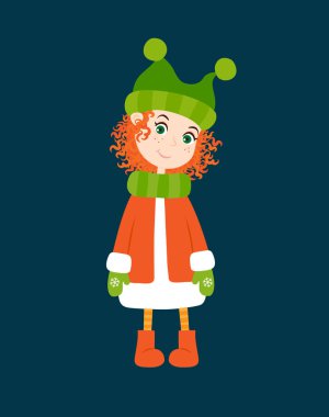 Karanlık bir arka plan üzerinde bir şapka, ceket ve çizmeler giyen Kızıl saçlı sevimli kız.