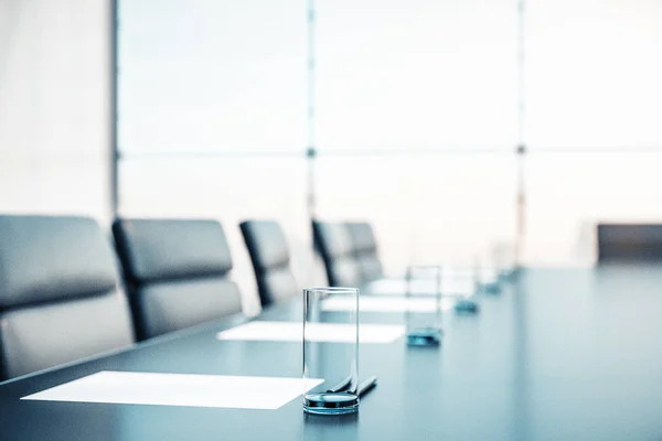 Close up of conference room with glasses of water on the table with papers, armchairs and a large window. 3D Rendering — 스톡 사진