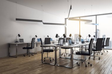 Modern furnished loft style office with big window with city view and wooden floor. 3D Rendering