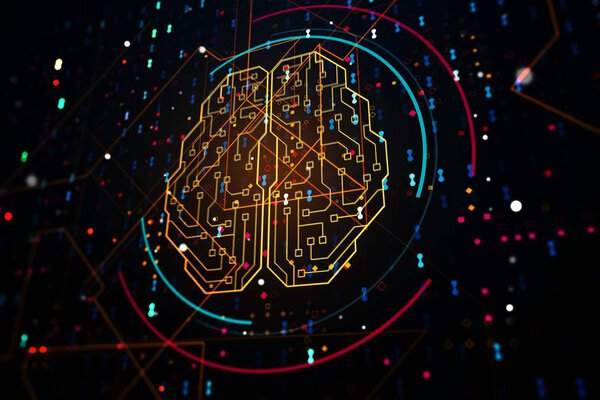 Микросхема в виде человеческого мозга. Концепция искусственного интеллекта и нейронных сетей. 3D рендеринг
