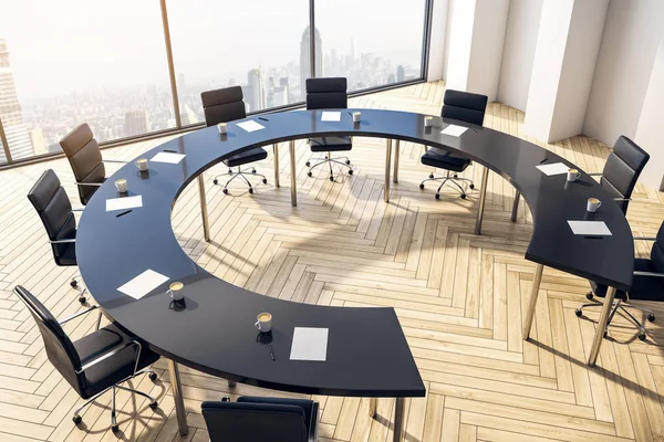 Top view furnished conference room with round table, chairs and large window overlooking the city. 3D Rendering — Stok fotoğraf