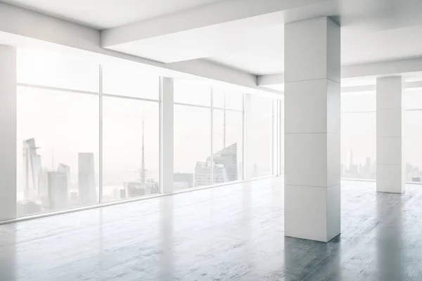 Empty white loft interior with columns and large windows, real estate concept. 3D Rendering