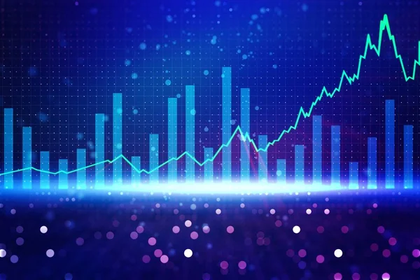 Close up of financial chart on dark blue background, trading and forex concept. 3D Rendering — Stock Photo, Image