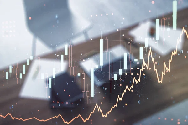 Growing financial graph on desktop background with laptop. Multi exposure. Stock market concept — 스톡 사진