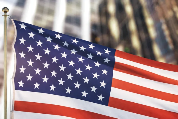 A bandeira americana agitando em um fundo de cidade de escritório. Fechar — Fotografia de Stock
