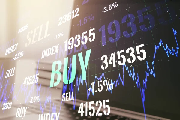 Multiexposure Van Abstracte Financiële Grafiek Laptop Achtergrond Financieel Trading Concept — Stockfoto