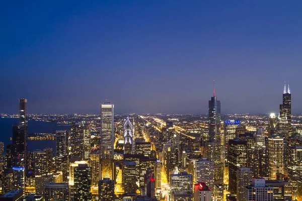 Bela Vista Aérea Chicago Skyline Noite Illinois Eua — Fotografia de Stock