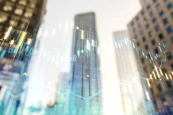 Mehrfachbelichtung Abstrakter Finanzdiagramme Über Den Hintergrund Von Bürogebäuden Forschungs Und — Stockfoto