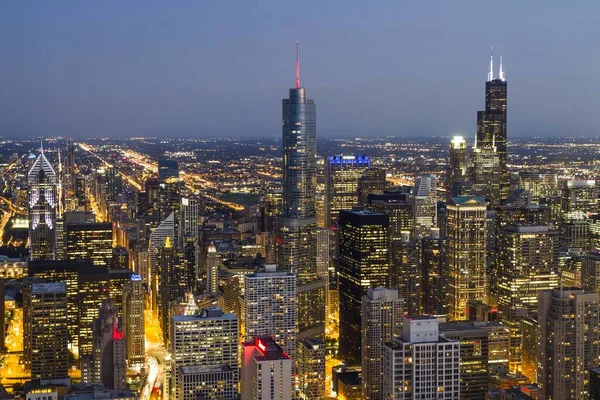 Bela Vista Aérea Chicago Skyline Noite Illinois Eua — Fotografia de Stock