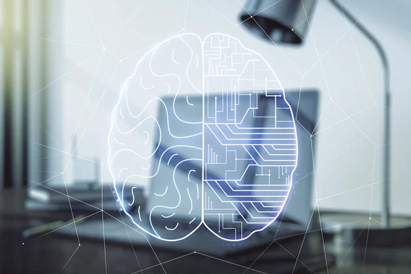 Kreatywna Koncepcja Sztucznej Inteligencji Ludzkim Hologramem Mózgu Nowoczesnym Tle Laptopa — Zdjęcie stockowe