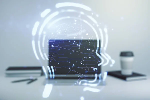 Творча Концепція Штучного Інтелекту Голограмою Голови Людини Сучасному Фоні Ноутбука — стокове фото