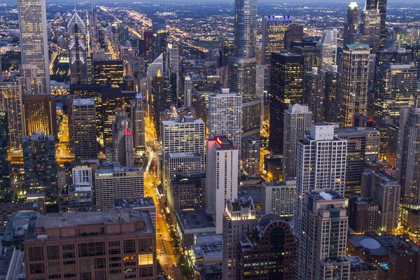 Beautiful aerial view of Chicago skyline at evening, Illinois, USA