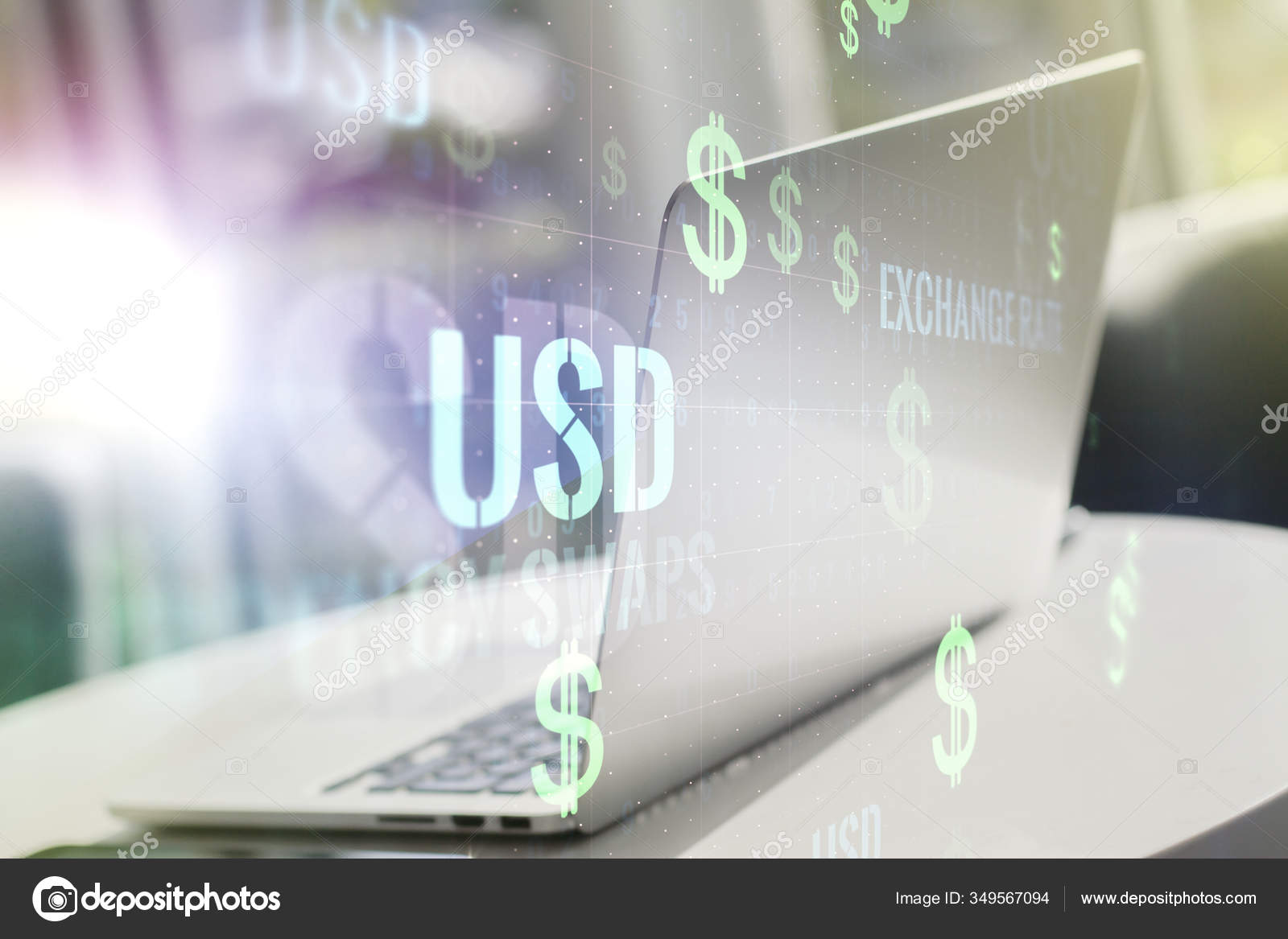 Creative concept of EURO USD symbols illustration on modern laptop ...