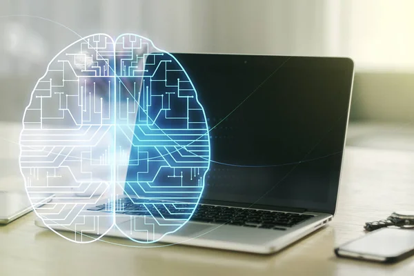 Kreativ artificiell intelligens koncept med mänsklig hjärna skiss på modern dator bakgrund. Dubbel exponering — Stockfoto