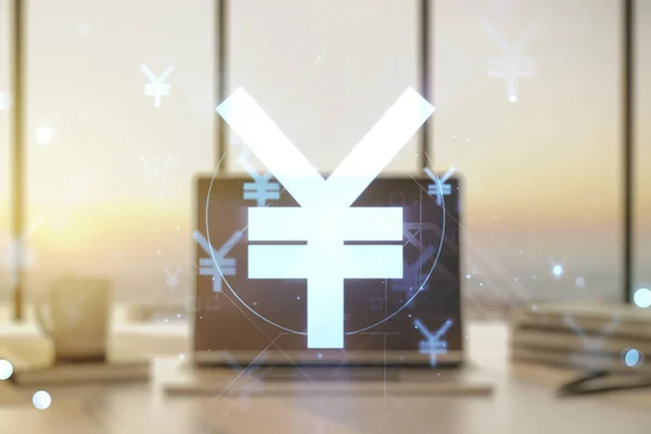 Double exposition de l'hologramme de symbole japonais créatif Yen sur fond d'ordinateur portable. Concept bancaire et d'investissement — Photo