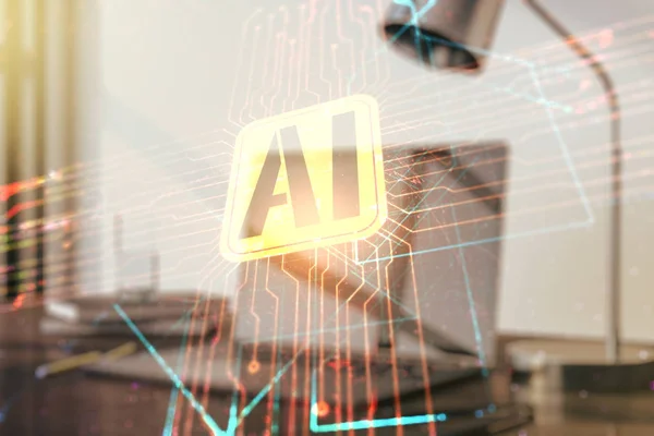 Doppelbelichtung der Ikone der kreativen künstlichen Intelligenz mit modernem Laptop im Hintergrund. Neuronale Netzwerke und maschinelles Lernkonzept — Stockfoto