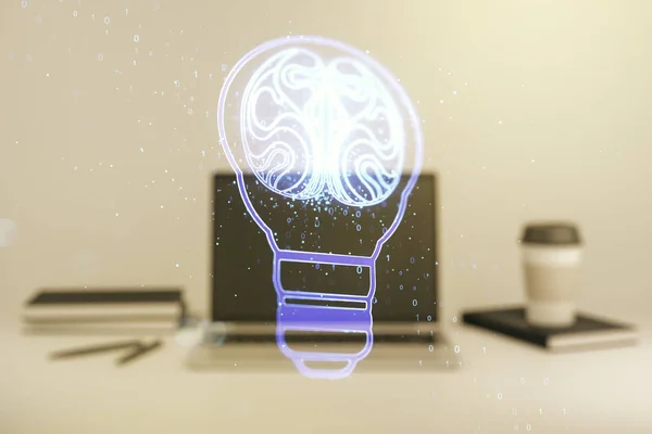 Double exposure of creative light bulb hologram with human brain on laptop background, idea and brainstorming concept