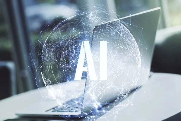 Criativa conceito de símbolo de inteligência artificial com computador moderno em segundo plano. Dupla exposição — Fotografia de Stock