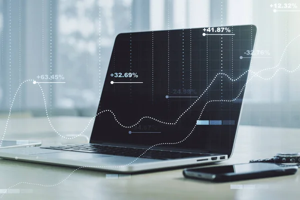 Multi exposure of abstract graphic data spreadsheet sketch on modern computer background, analytics and analysis concept