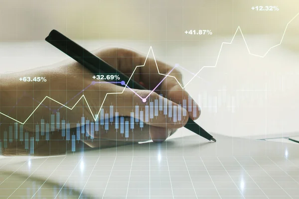 Multi esposizione di grafico finanziario creativo astratto con scrittura a mano in blocco note su sfondo, forex e concetto di investimento — Foto Stock
