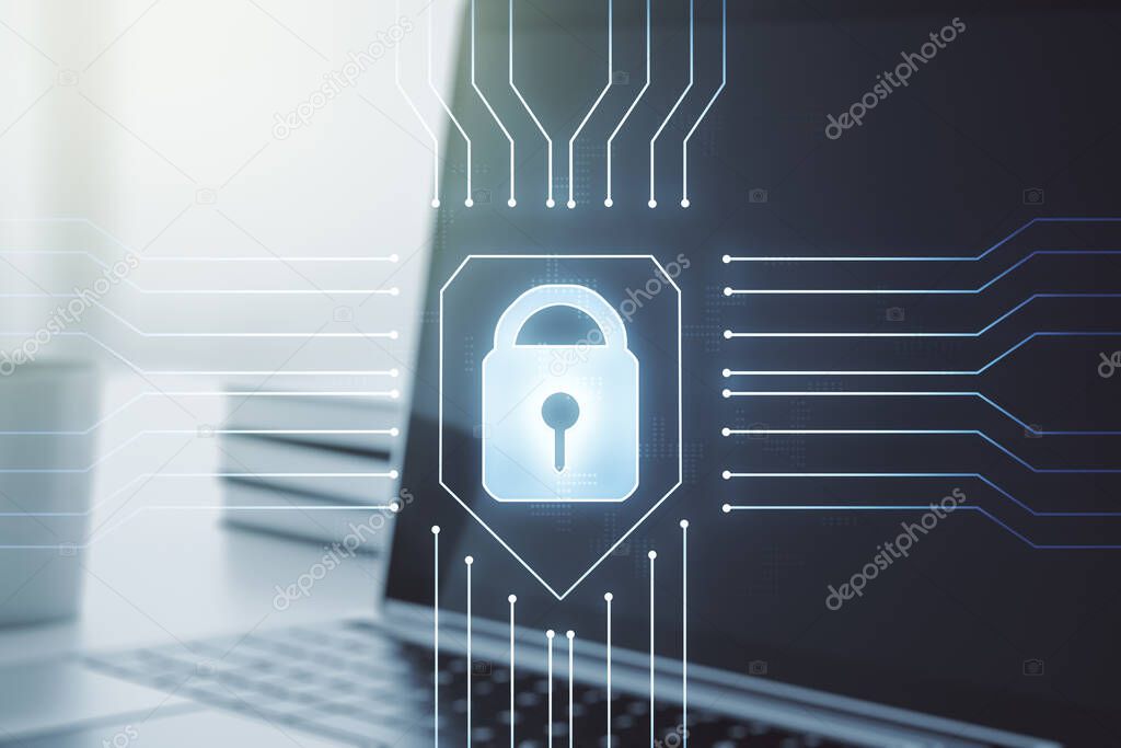 Creative idea concept with lock symbol and microcircuit illustration on modern laptop background. Protection and firewall concept. Multiexposure