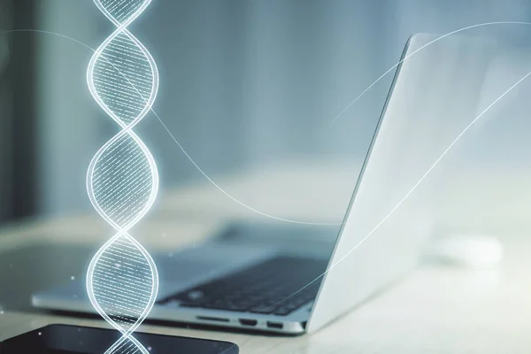 Esboço de DNA criativo em background laptop moderno, biotecnologia e conceito genético. Multiexposição — Fotografia de Stock