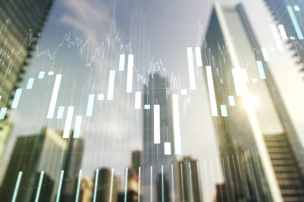 Doppelbelichtung abstrakter Finanzdiagramme auf Bürogebäuden Hintergrund, Bank- und Buchhaltungskonzept — Stockfoto