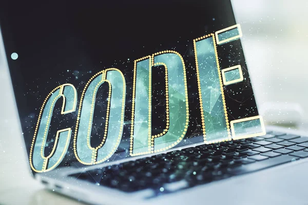 Creatieve code woordteken op moderne computer achtergrond, internationale software development concept. Meervoudige blootstelling — Stockfoto