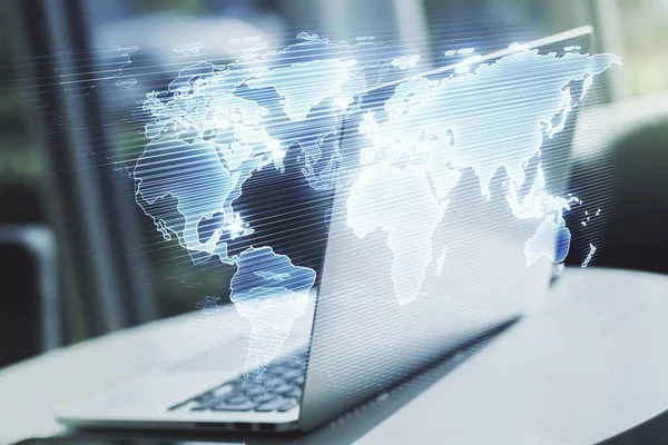 Multi exposure of abstract graphic world map on computer background, connection and communication concept — Stock Photo, Image